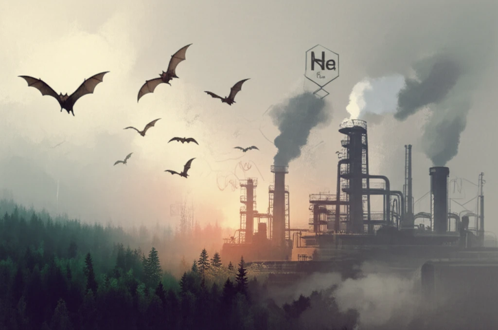 Bats flying over a landscape contrasting polluted and healthy environments.