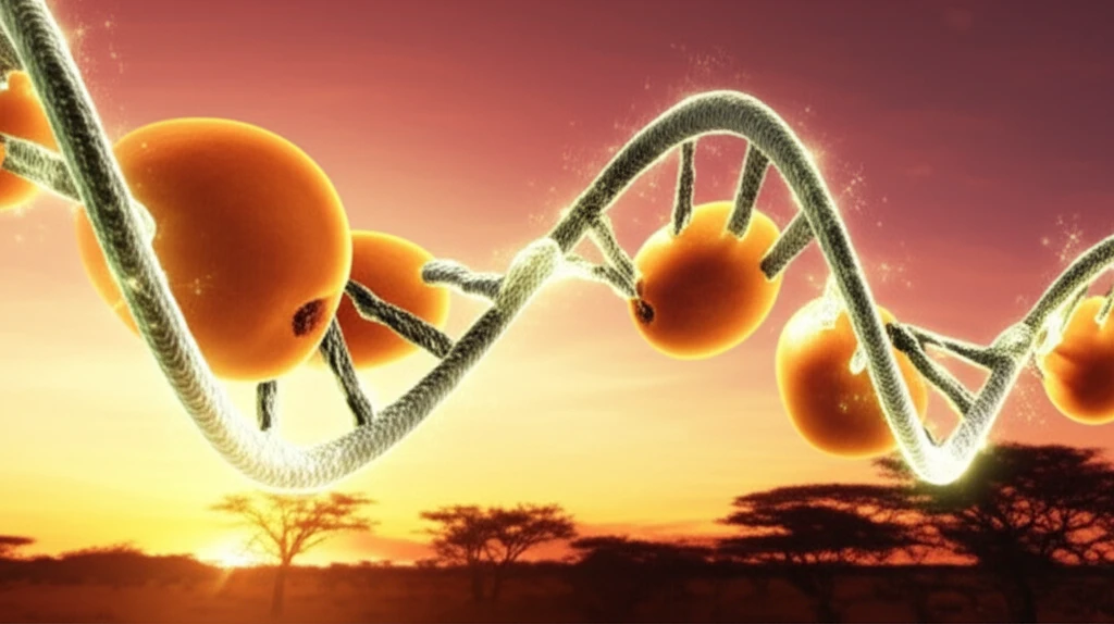 Tucum-do-Cerrado fruit with DNA strands, symbolizing anti-aging benefits.