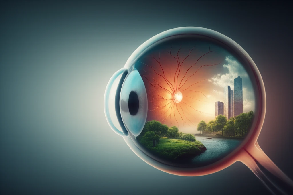 Surreal image of a retina transforming into a landscape, symbolizing diabetic retinopathy prevention.