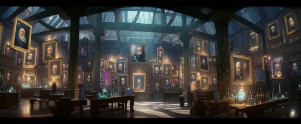 Hall of portraits honoring chemistry pioneers, subtly glowing with relevant elements.