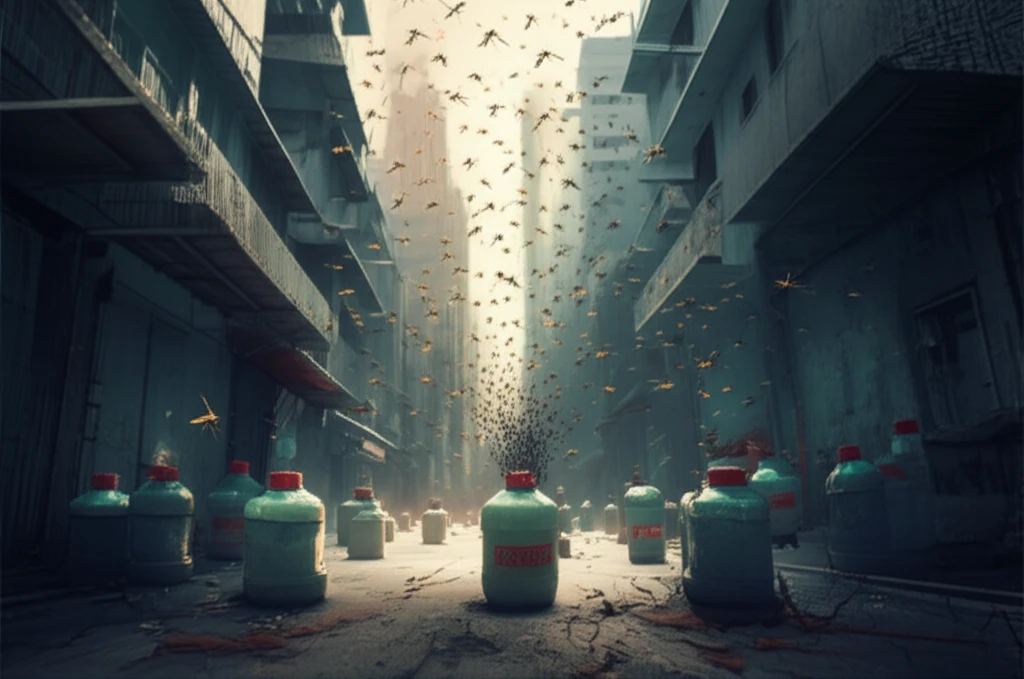 Urban Taiwan landscape showing water containers breeding mosquitos, symbolizing the fight against dengue fever.