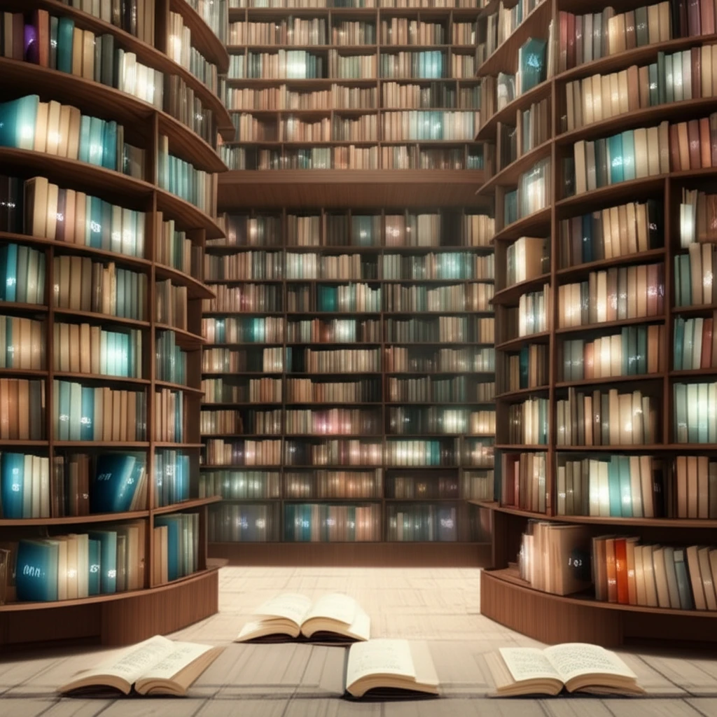 Glowing adjectives on book spines in a vast library.