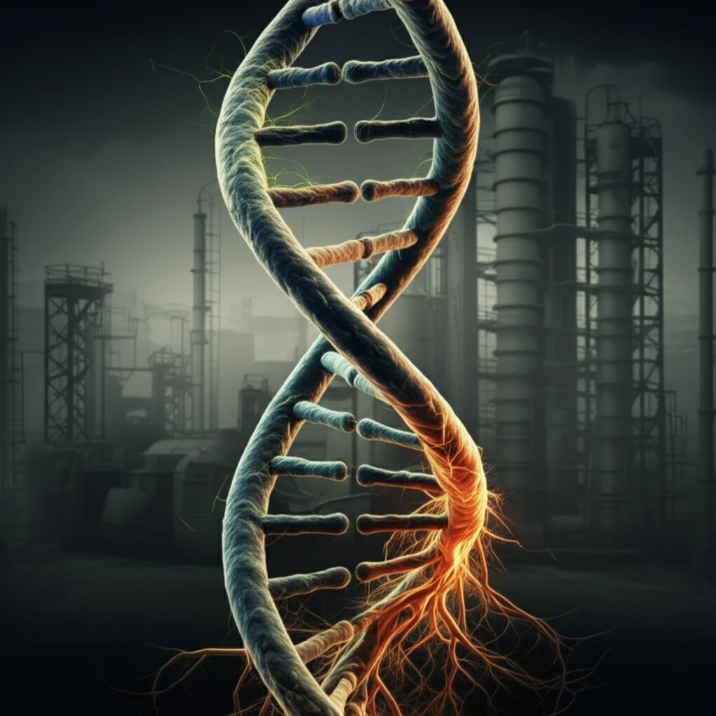 DNA strand intertwined with plant roots, symbolizing biotechnology and sustainable industry.