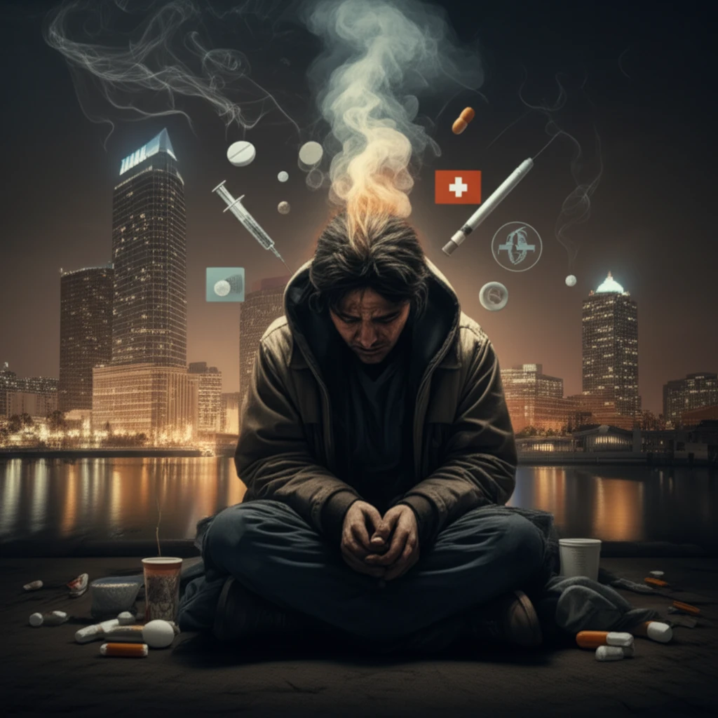 Surreal illustration of homelessness in Tampa, Florida, depicting health challenges.