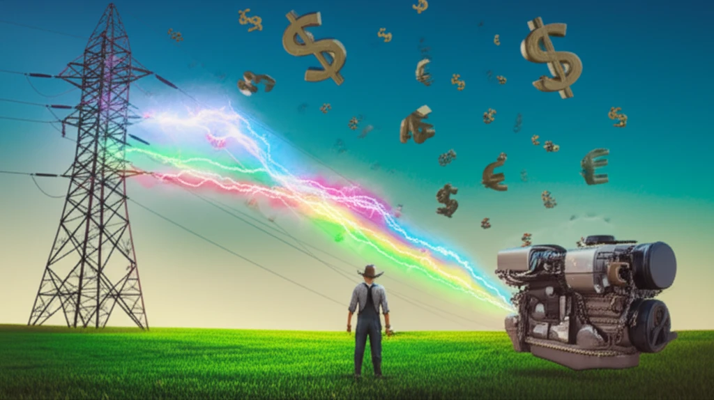 A Brazilian farmer faces a tough choice between electricity and diesel for irrigation, symbolized by a surreal illustration.