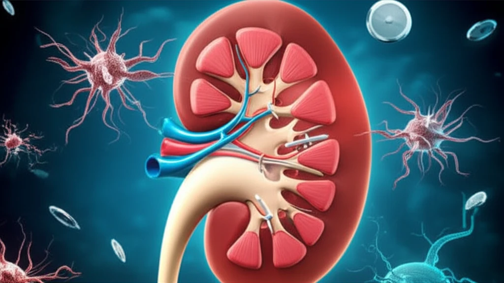 Symbolic representation of T-cells and B-cells intertwined within a kidney, representing the complex immune processes in ANCA-associated vasculitis.