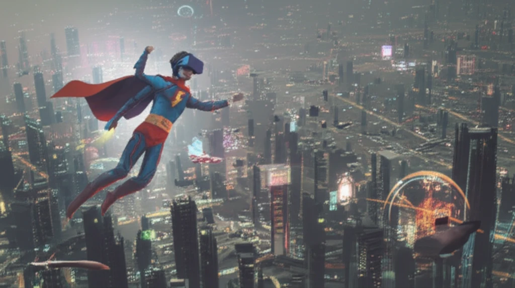 A person wearing a VR headset as a superhero flying over futuristic city.