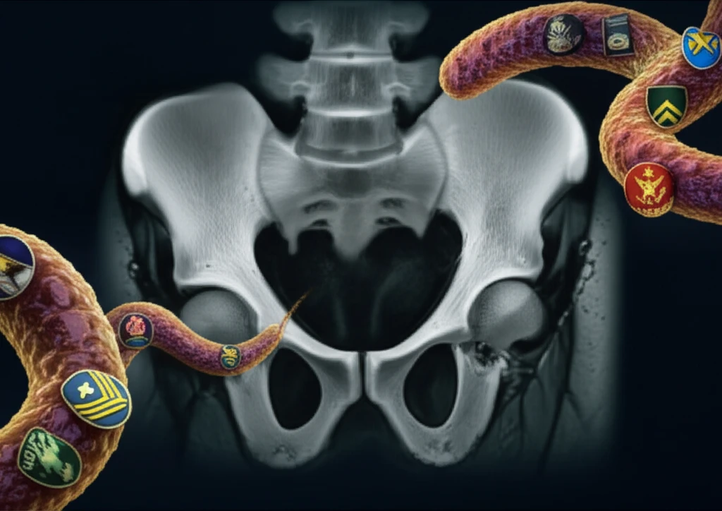 Microscopic view of Pseudomonas fluorescens bacteria in sacroiliac joint with military insignia.