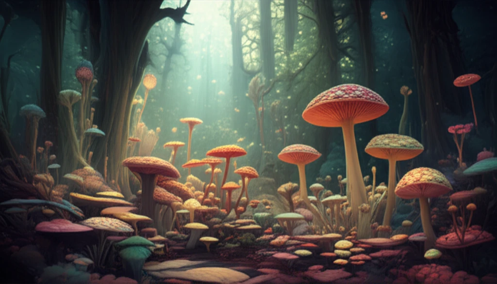 Diverse mushroom species on a forest floor.