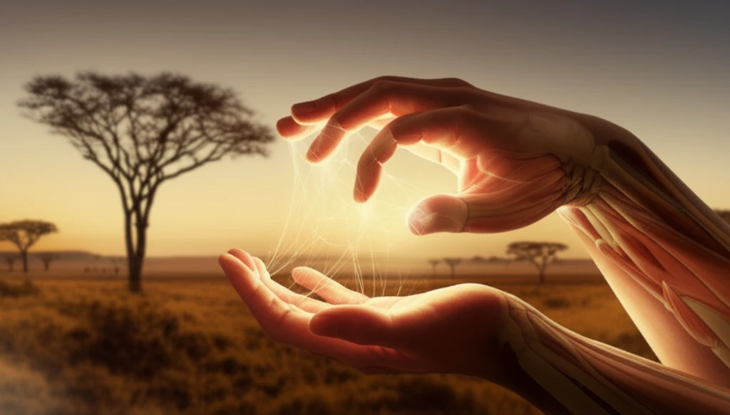 A hand gently cradling glowing tendons, symbolizing healing and rehabilitation.