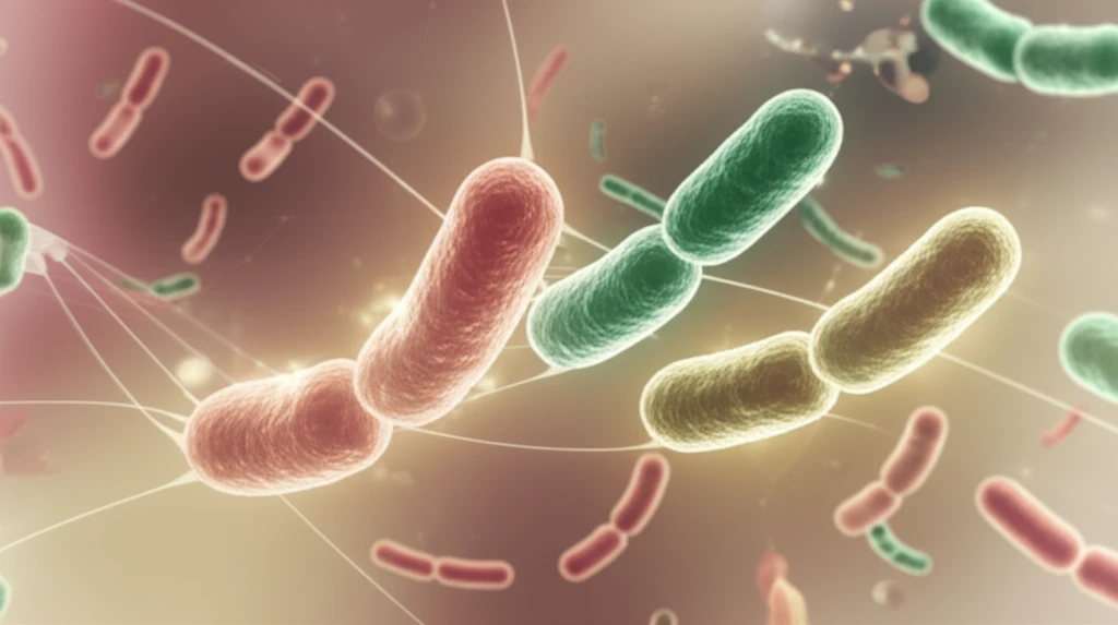 Illustration of a healthy gut biome with glowing lactobacillus and bifidobacterium, symbolizing efficient nutrient absorption and balanced lipid metabolism.