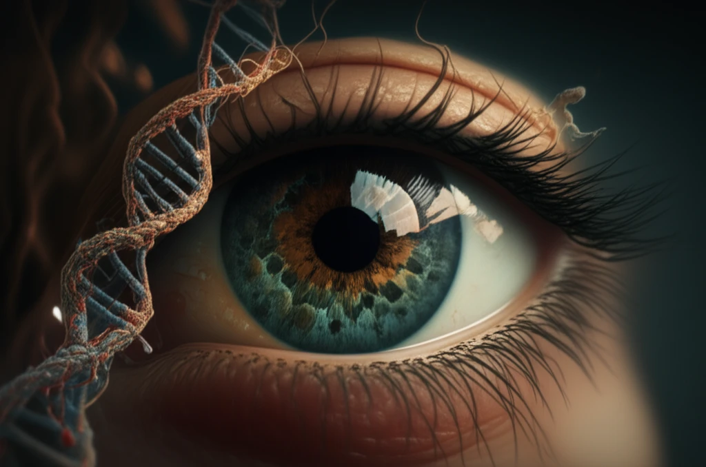Eye with DNA strands, symbolizing genetic influence on eye health.
