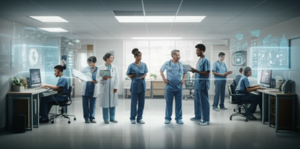 Healthcare professionals and researchers collaborating in a modern care home.