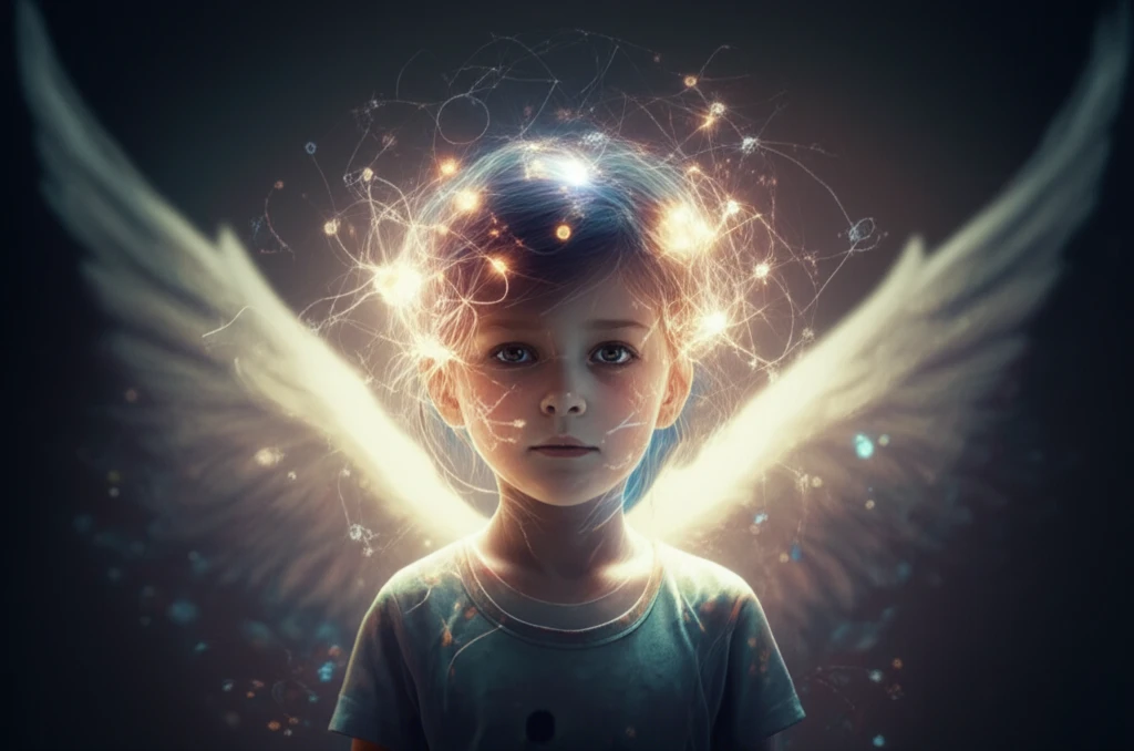 Surreal illustration of a child surrounded by glowing synapses, symbolizing neural connections in Angelman Syndrome.