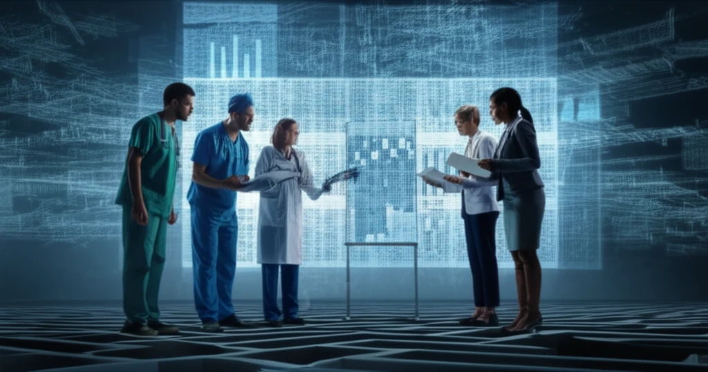 A diverse team of healthcare professionals navigating a maze of medical codes, symbolizing wound care reimbursement challenges.