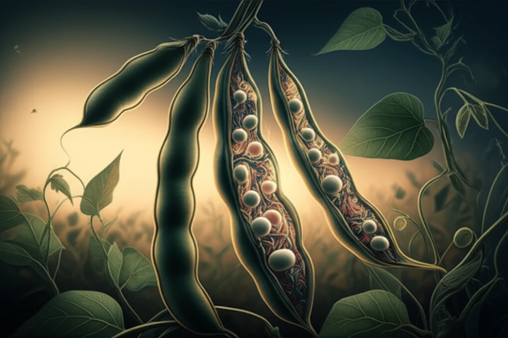 Surreal illustration of a bean plant with bursting pods, symbolizing interconnected genes and convergent evolution.