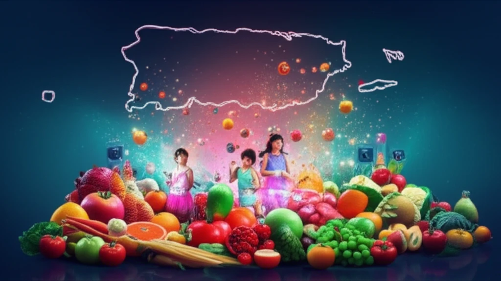 Children surrounded by nutritious food and micronutrients, representing a healthy diet.