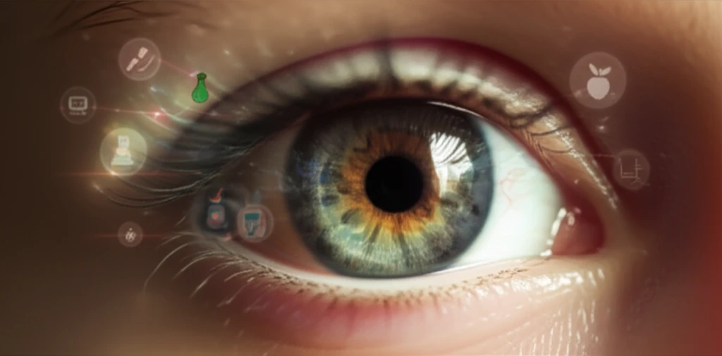 Child's eye with light beams symbolizing corneal biomechanics and diabetes management symbols.