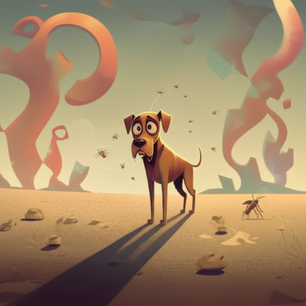 Worried dog in desert landscape with sandflies, symbolizing canine leishmaniasis risk.