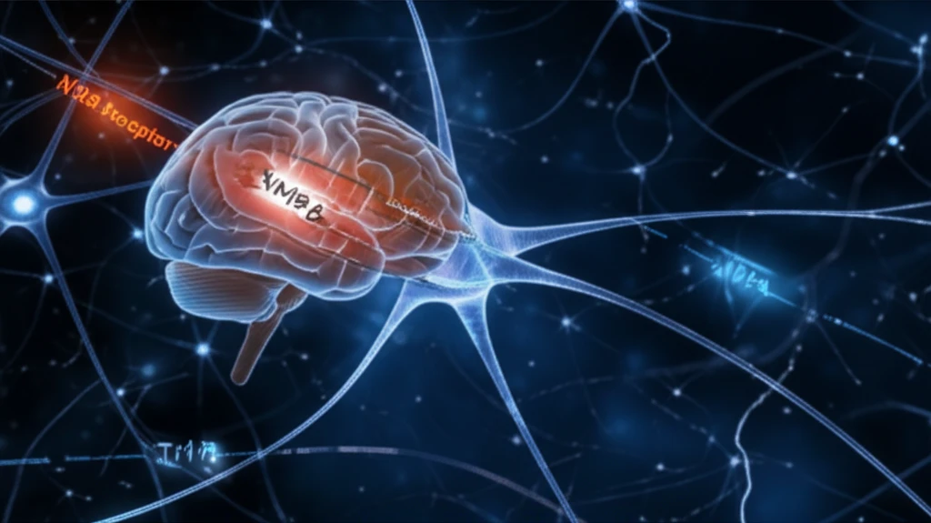 Brain neurons firing, highlighting the interaction between TrkB and NMDA receptors, symbolizing learning and memory.