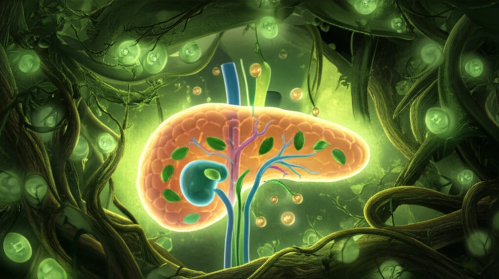 A surreal illustration of medicinal plants intertwined with symbols of pancreatic health, representing natural diabetes remedies.
