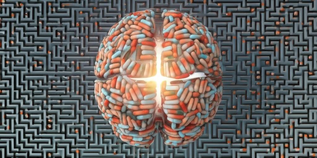 Surreal digital illustration of a brain with medication pills, symbolizing the balance of mental wellness.