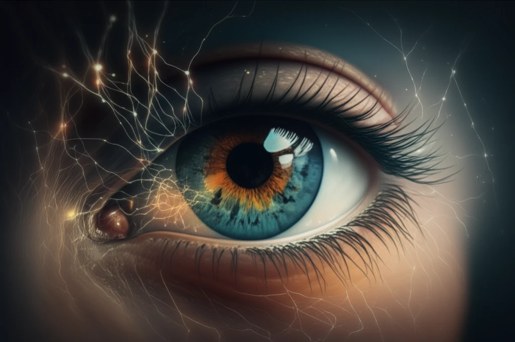 Surreal illustration of metastatic pathways in the eye with personalized treatment.