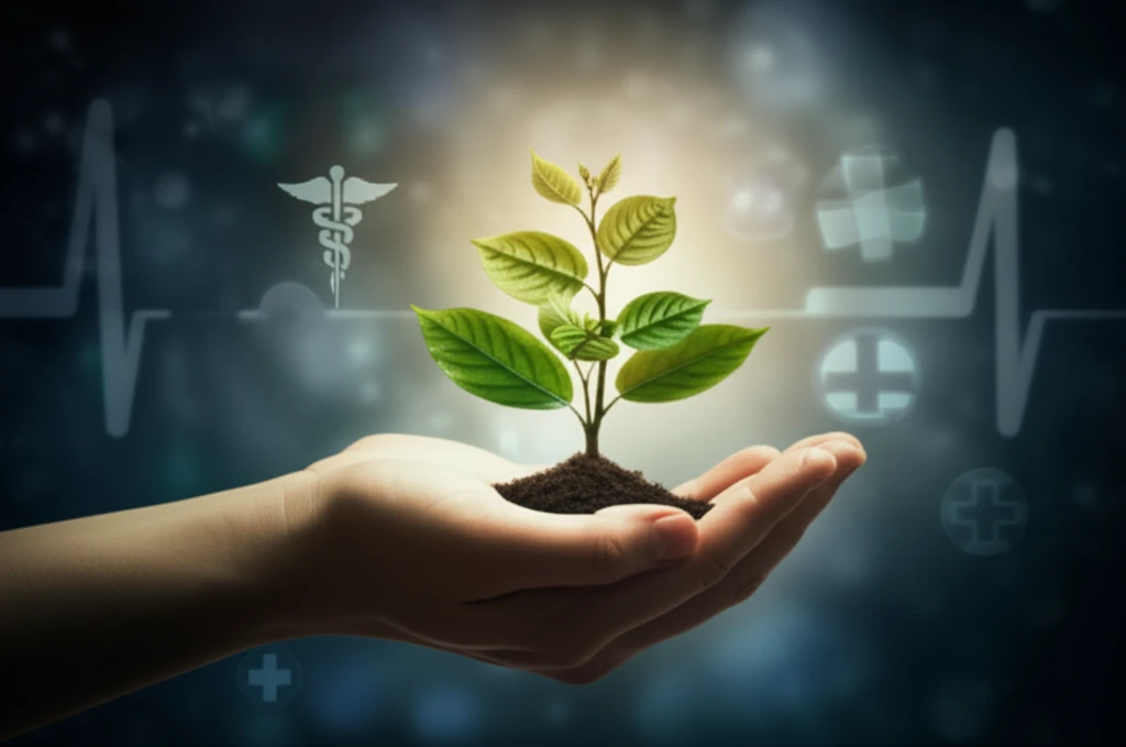 Hand gripping a growing plant, symbolizing stroke recovery and nutritional health.