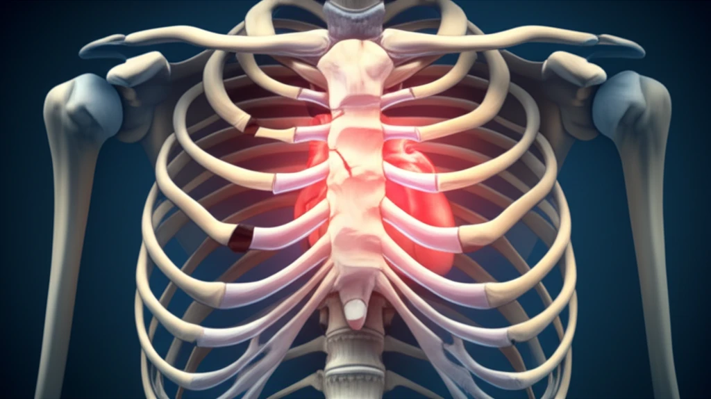 Fragile heart protected by a cracked rib cage, symbolizing blunt chest trauma.