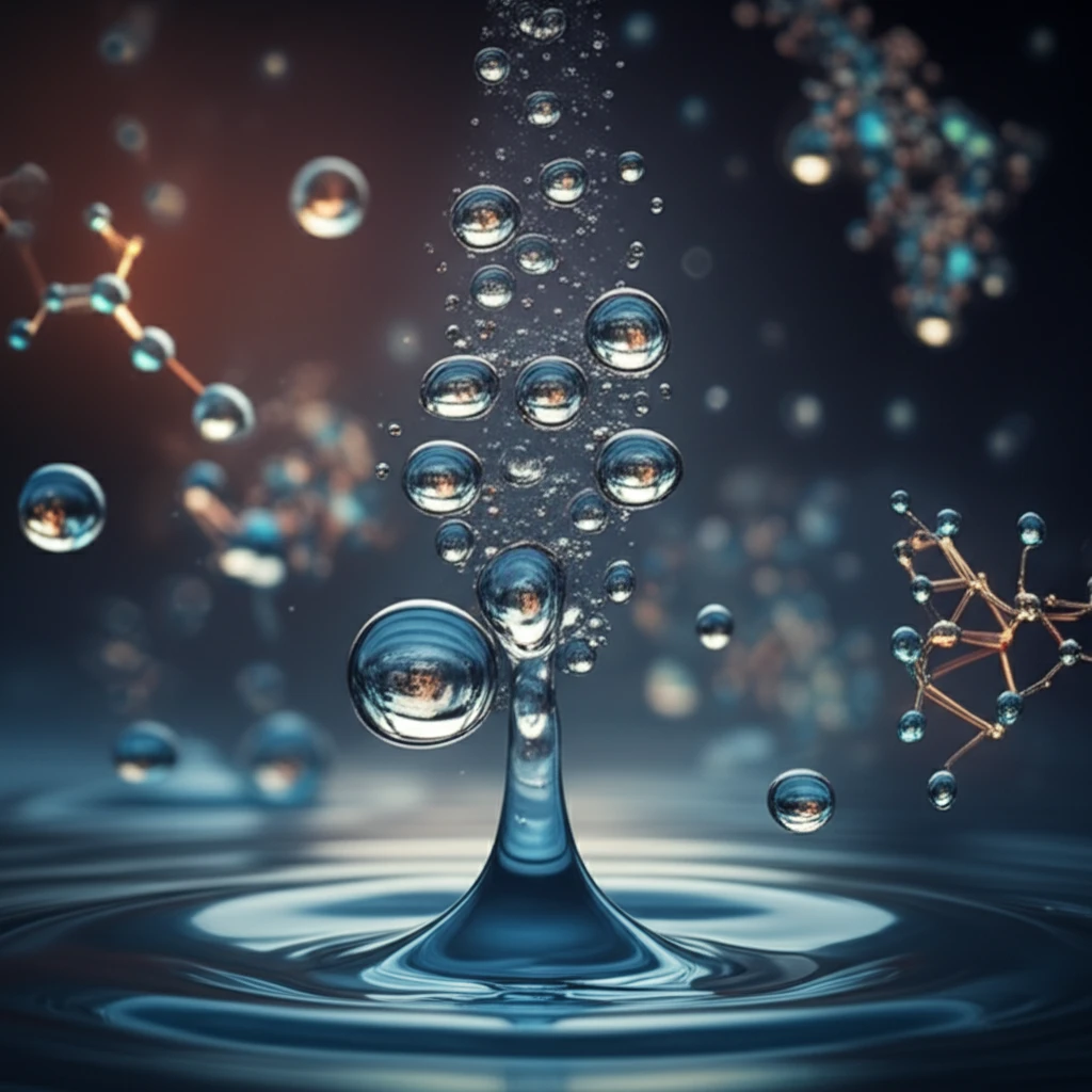 Water droplets transforming into molecular structures as pollutants are broken down.