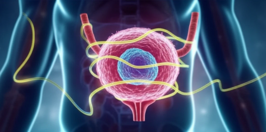 Bladder cancer cell with glowing CIRBP protein strands.