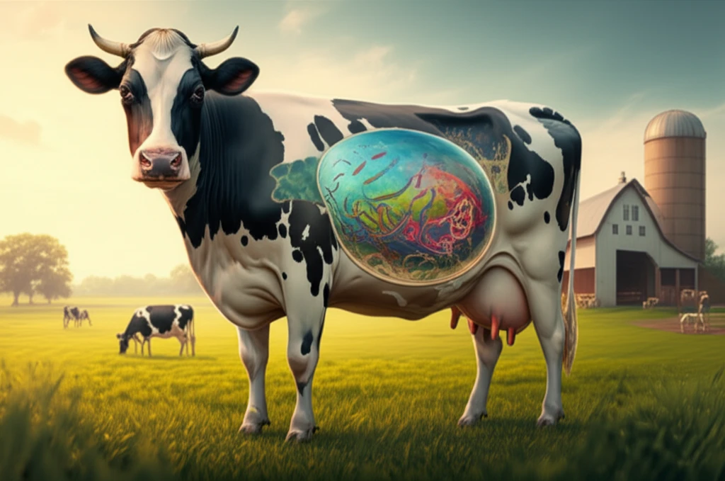 Illustration of a cow with a transparent rumen showing the diverse microbial ecosystem inside.