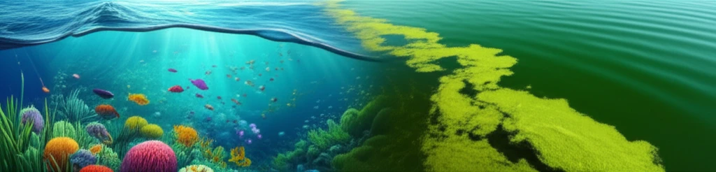 Healthy lake ecosystem versus algae-covered lake, showing the impact of phosphate pollution.