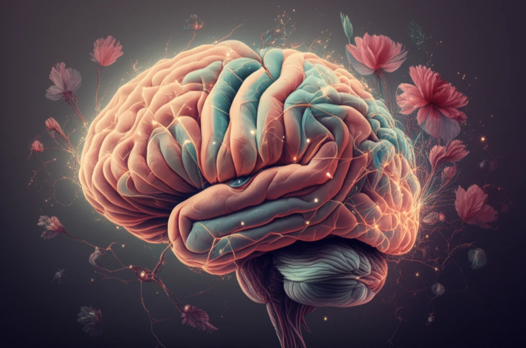 Brain with glowing neural connections and flowers, symbolizing improved quality of life after glioblastoma treatment.
