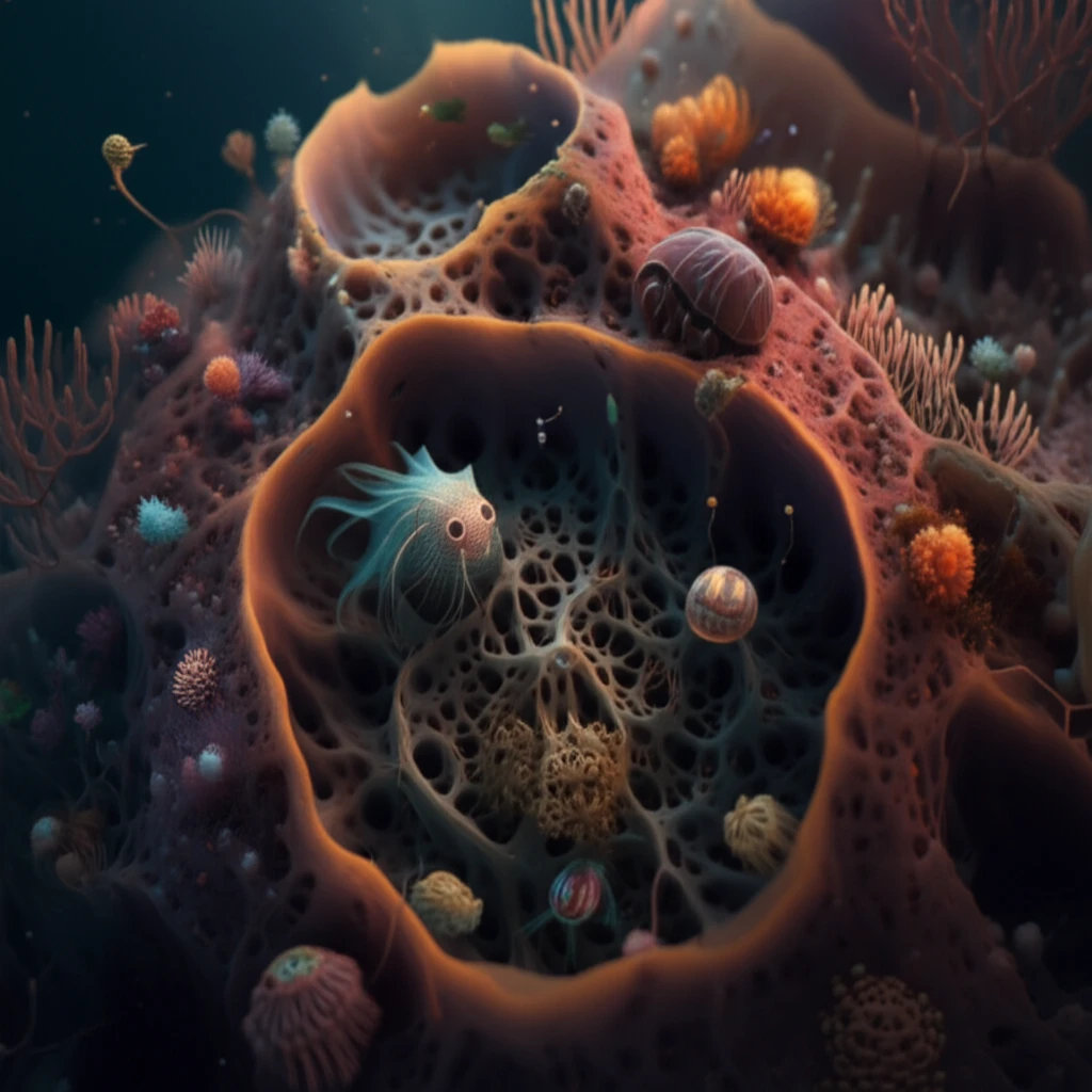 A thriving ecosystem within a sea sponge, showcasing diverse marine life.