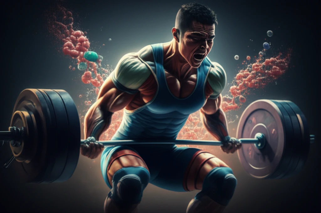 A weightlifter struggling due to acrolein-damaged muscles
