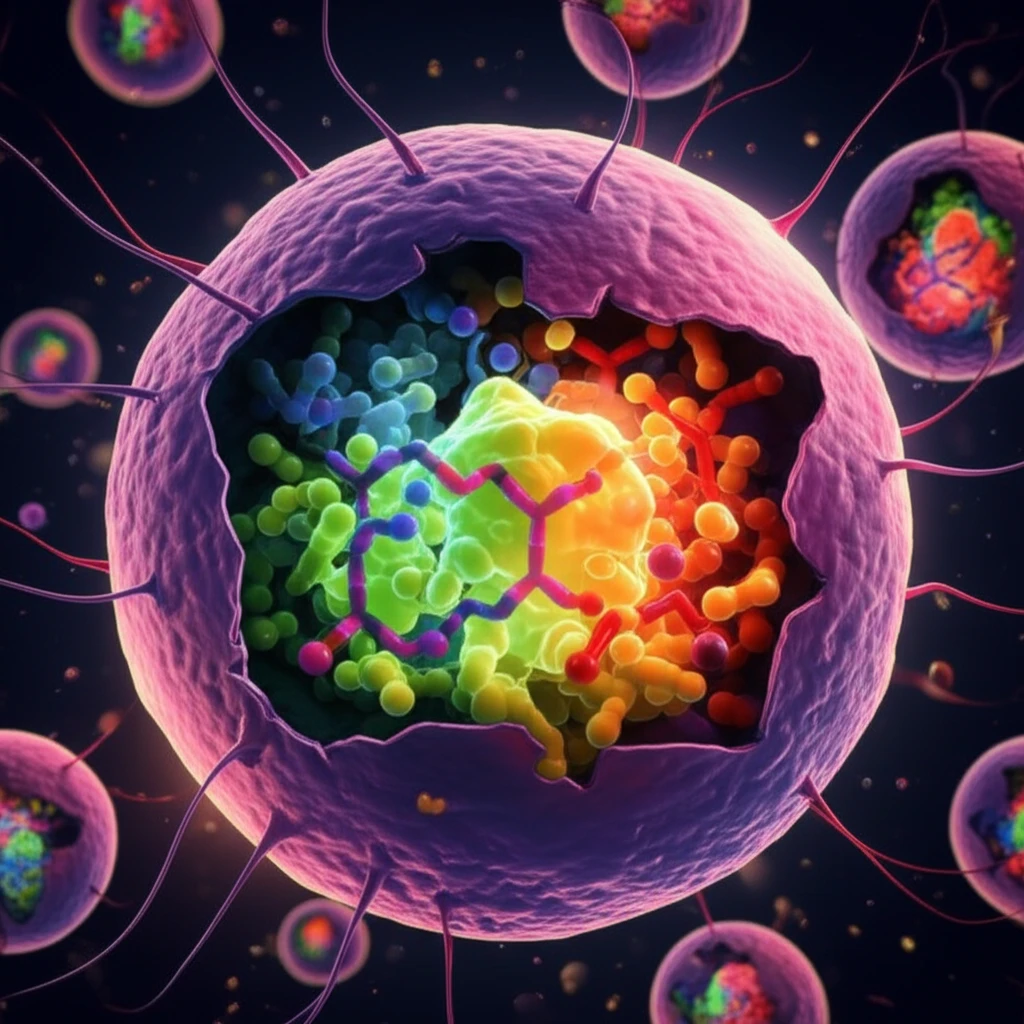 Microscopic view of a yeast cell with Mpo1 enzyme breaking down lipid molecules.