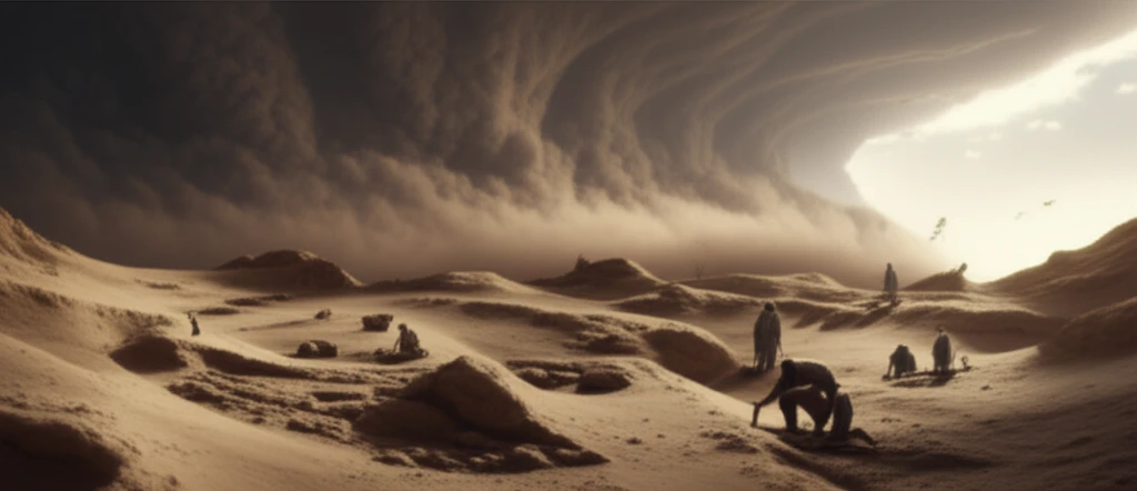 Illustration of an ancient archaeological site depicting Neolithic farmers facing a dust storm.