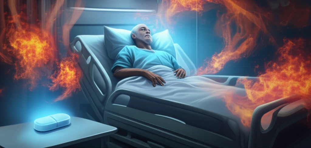 Digital illustration of a patient in a hospital bed with inflammation symbols and a methylprednisolone tablet.