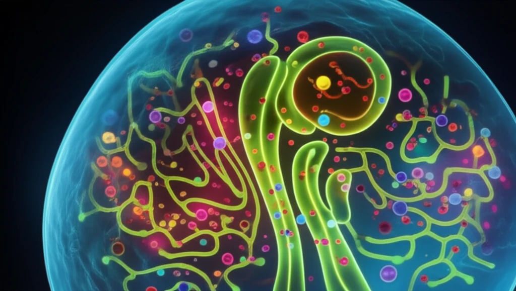 Surreal illustration of glowing metabolic pathways inside a human cell.
