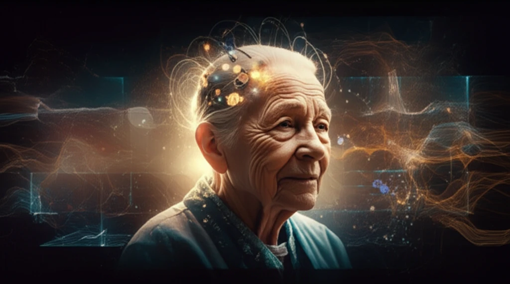Elderly person receiving brain stimulation therapy with glowing electrodes.