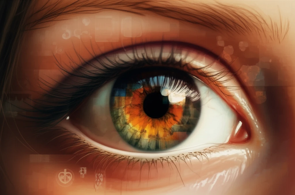 Illustration of a child's eye with a mosaic retina, representing HIV and vision.