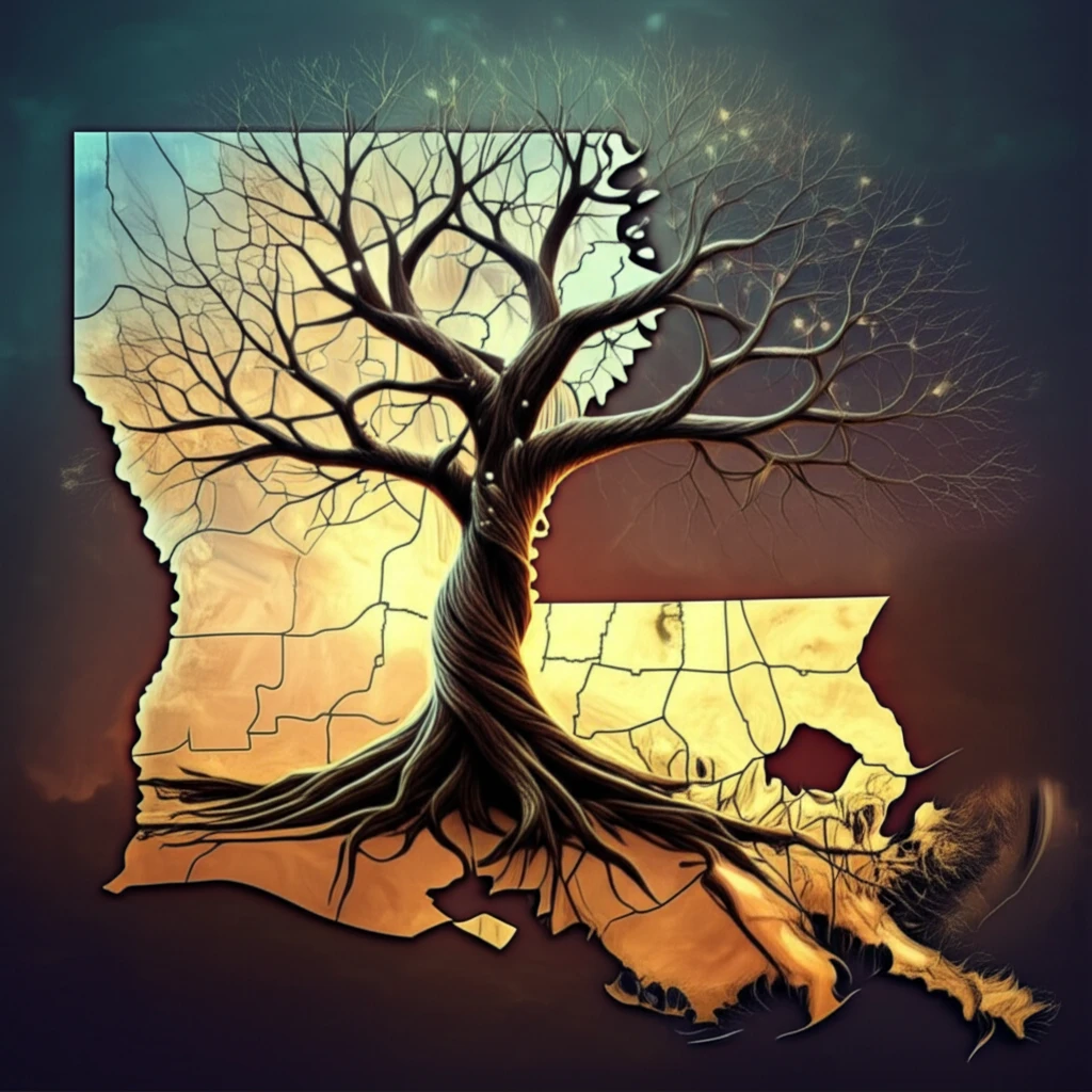 Family tree intertwining with a Louisiana map, symbolizing genetic roots and geographic location of the Acadian population in cardiovascular disease.
