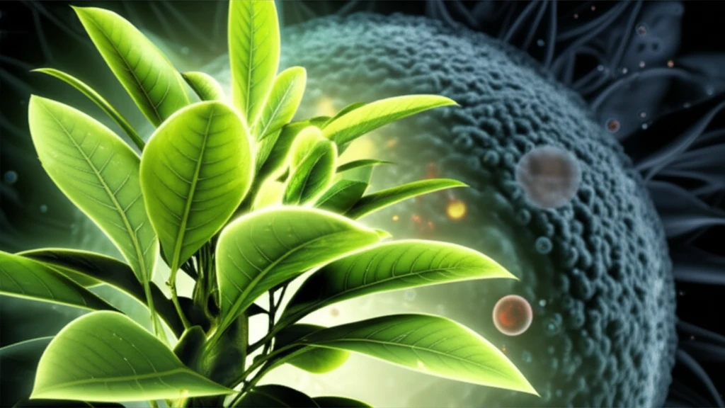 Croton gratissimus plant symbolizing life and healing against a dark background representing neutralized cancer cells.