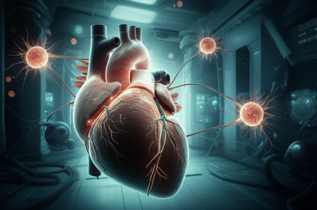 Glowing stem cells merging with a human heart, symbolizing regenerative medicine.