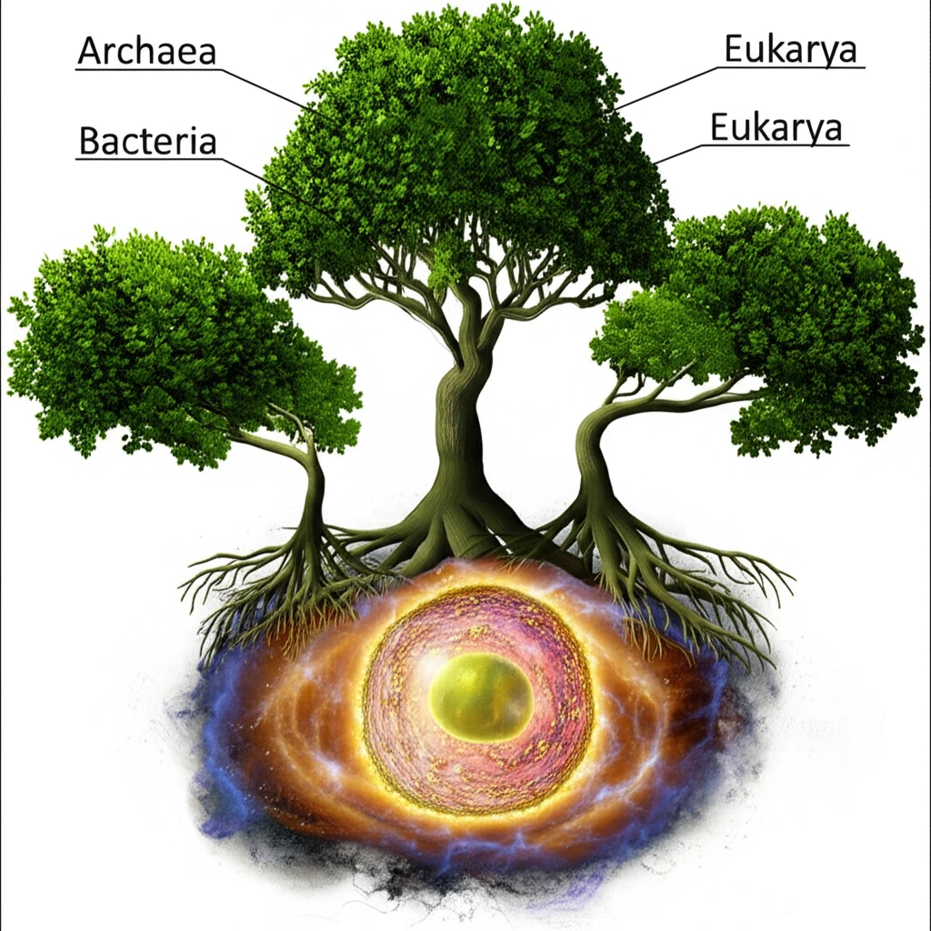 A surreal tree with three distinct roots representing the independent evolution of Archaea, Bacteria, and Eukarya.