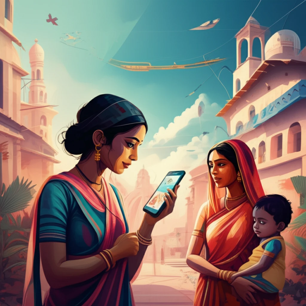A surreal illustration of an ASHA worker using mHealth in a rural Indian village.