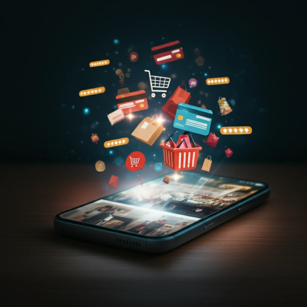 Glowing smartphone displaying an online marketplace