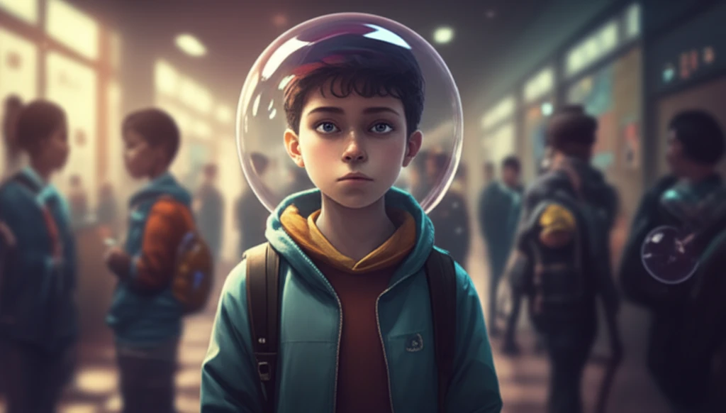 Teenager with social anxiety surrounded by a protective bubble.