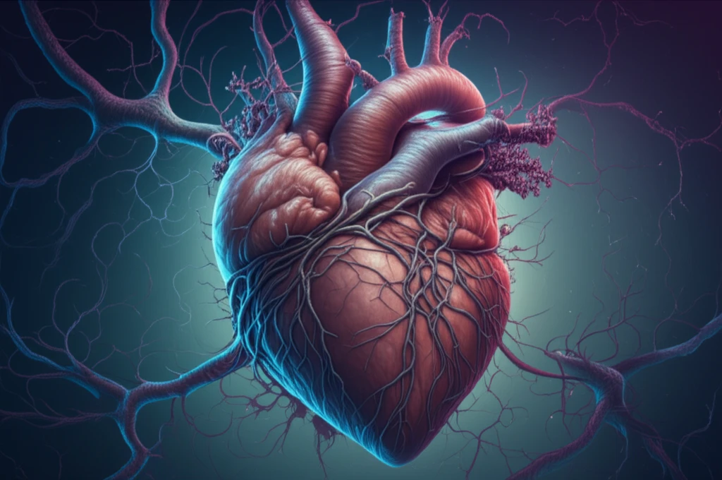 Surreal illustration of a heart intertwined with brain synapses, symbolizing the connection between emotional and physical well-being.